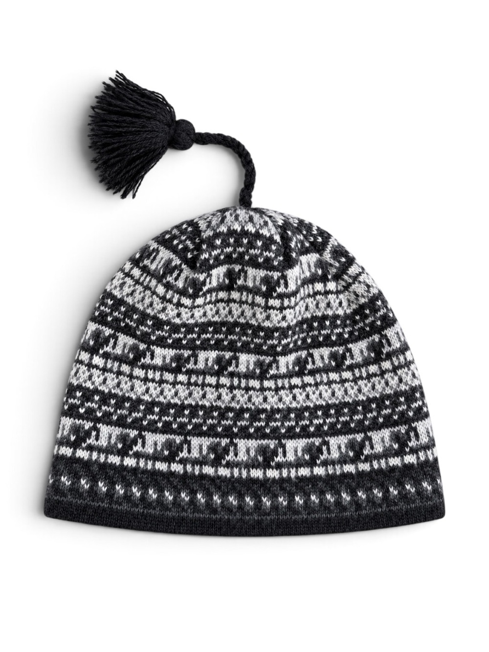 Columbia Fair Isle Tassel Beanie Black Gray Wool Blend Fleece Lined Hat One Size